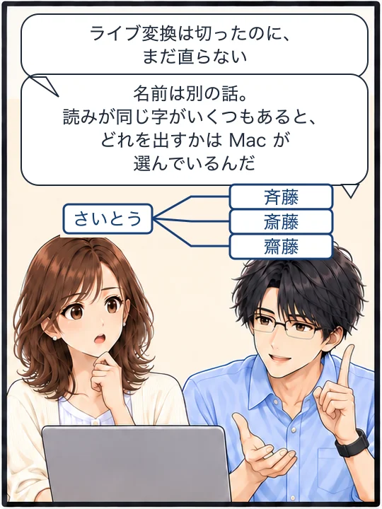 直樹が、読みが同じ字がいくつもあると、どれを出すかはMacが選んでいると説明している。さいとうから3つの字に分かれる図がある