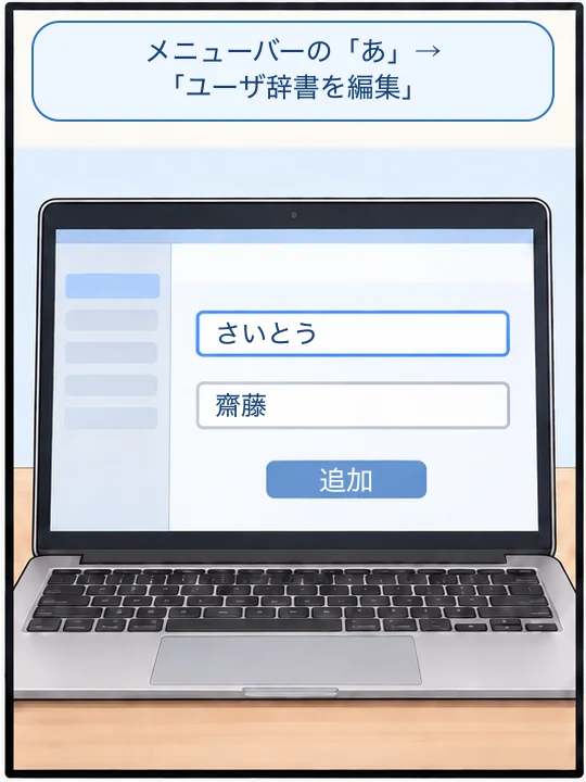 ユーザ辞書の画面で、さいとうと齋藤を入れて追加を押すところ