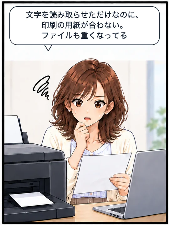 美咲がプリンタの前で、印刷の用紙が合わずに困っている