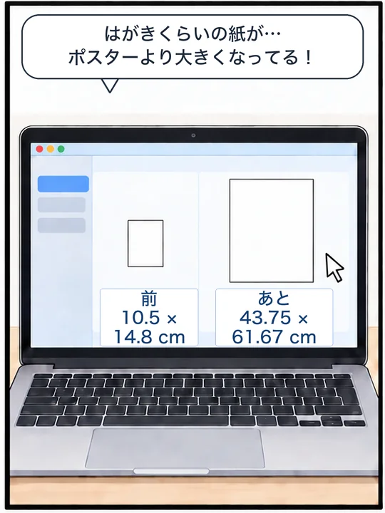 Macの画面に、はがきほどの紙とポスターより大きい紙のページサイズが並んでいる