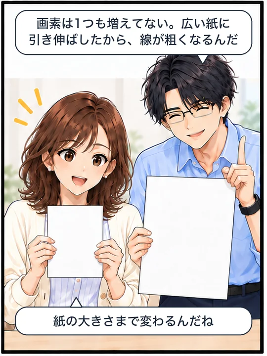 美咲が小さい紙、直樹が大きい紙を持ち、同じ画素を広い紙に引き伸ばしたと説明している