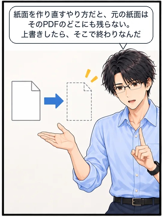 直樹が、紙面を作り直すと元の紙面は残らないと、図で説明している