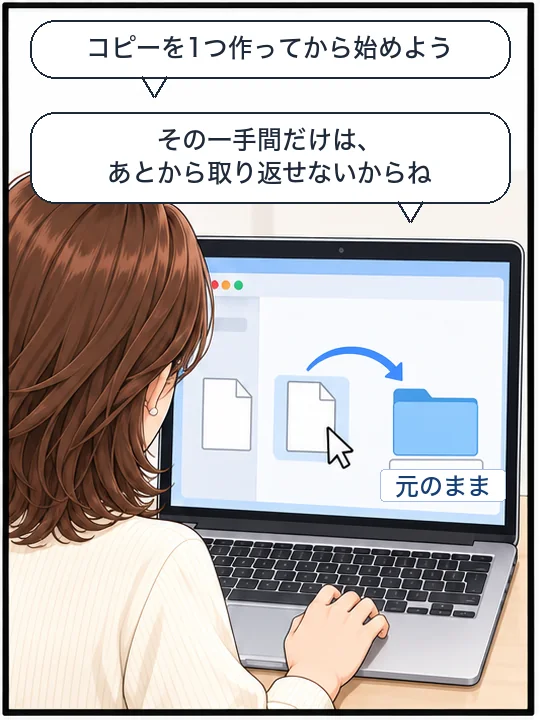 美咲がPDFのコピーを作って、元のままのフォルダに入れている