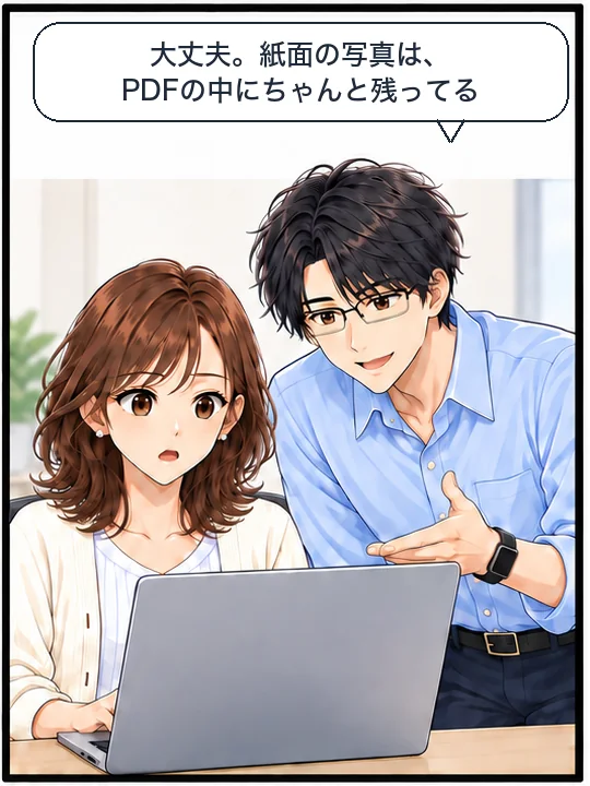 直樹が、紙面の写真はPDFの中に残っていると説明している