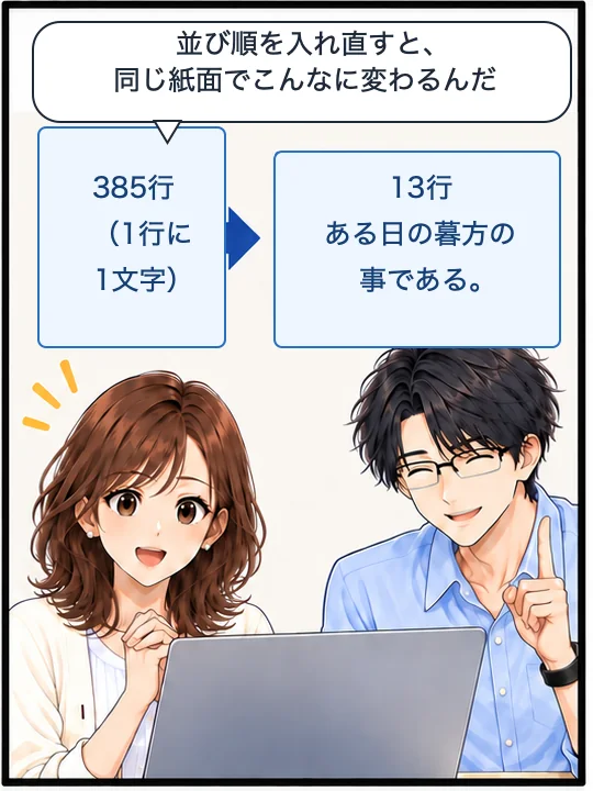 同じ紙面から取り出した文字が、385行と13行で比べられている
