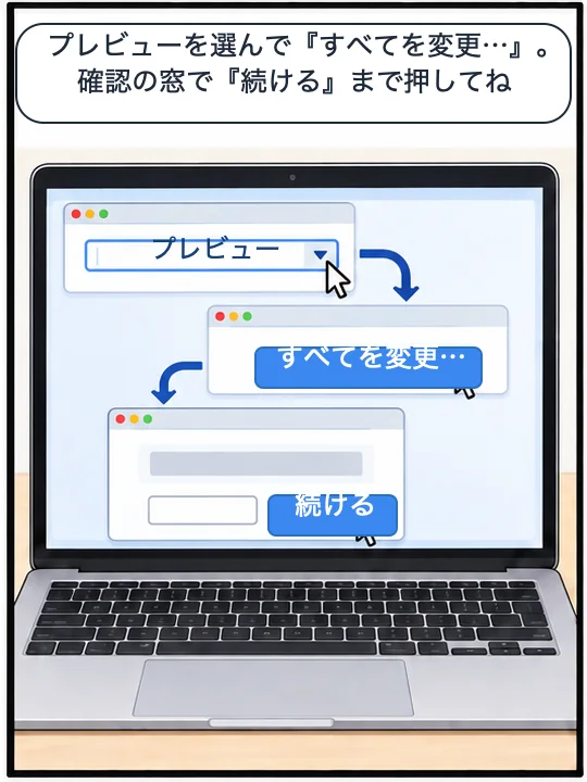 情報を見るウィンドウでプレビューを選び、すべてを変更…と続けるを押していく画面