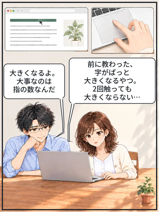美咲がMacのトラックパッドを指1本で2回触ったが、Webページの字は小さいままで、困った顔をしている