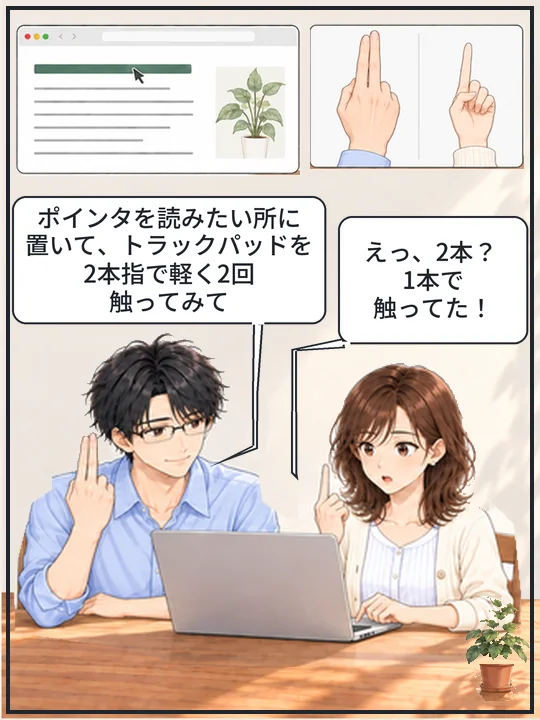 直樹が指を2本そろえて見せ、指1本で触っていた美咲が気づいて驚いている
