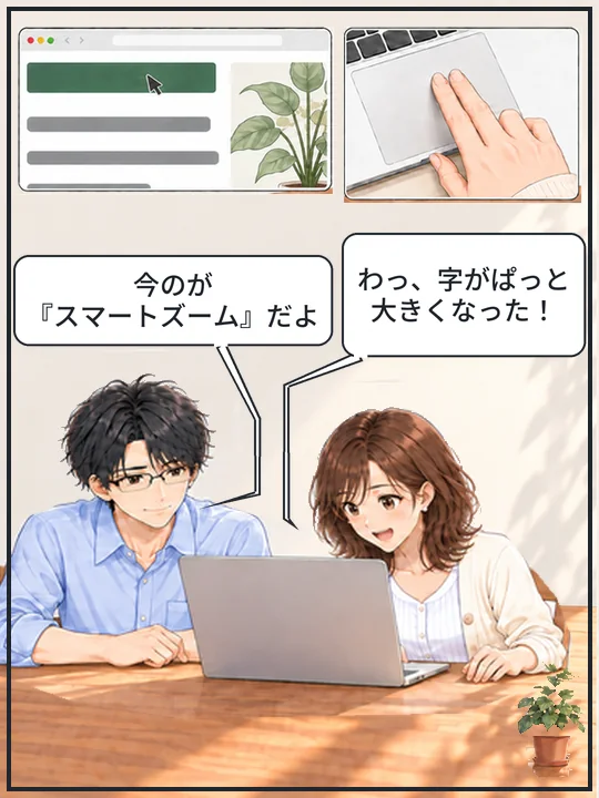 美咲が2本指で軽く2回触ると、同じWebページの字が大きくなり、直樹がスマートズームだと教えている