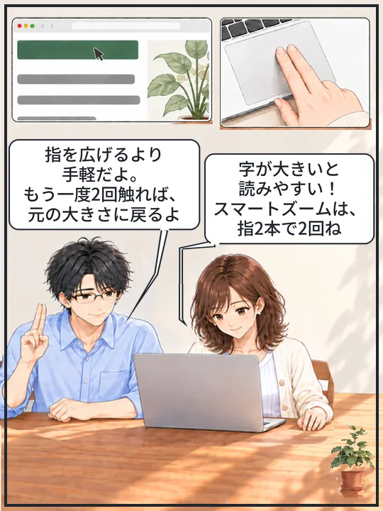 大きくなった字を美咲が楽に読み、直樹がもう一度2回触れば元の大きさに戻ると教えている