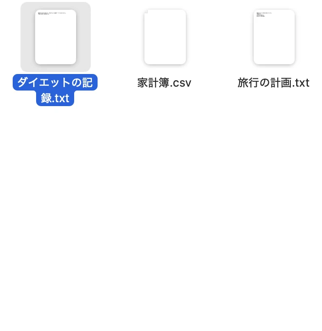 Finderのフォルダの中に「ダイエットの記録.txt」「家計簿.csv」「旅行の計画.txt」の3つのファイルが並び、「ダイエットの記録.txt」が選ばれている