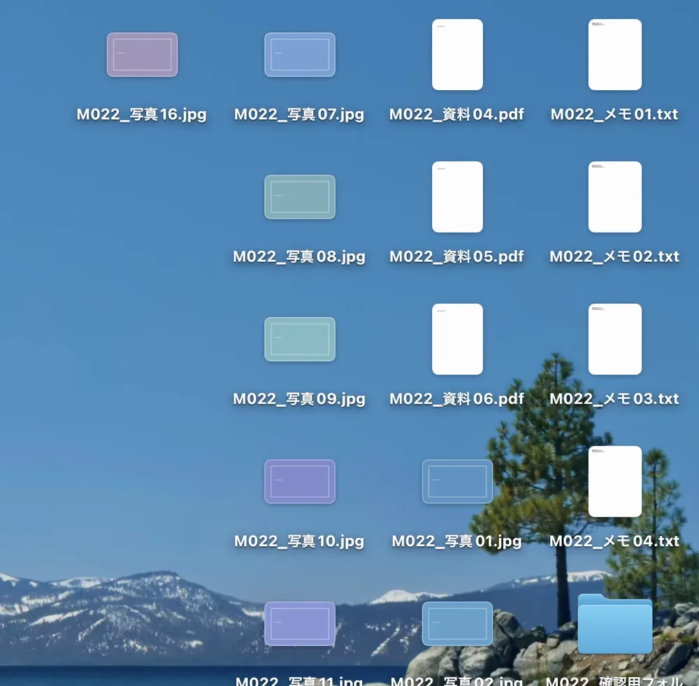 スタックを使う前のデスクトップ。写真・PDF・メモのファイルとフォルダが、アイコンで1つずつ並んでいる