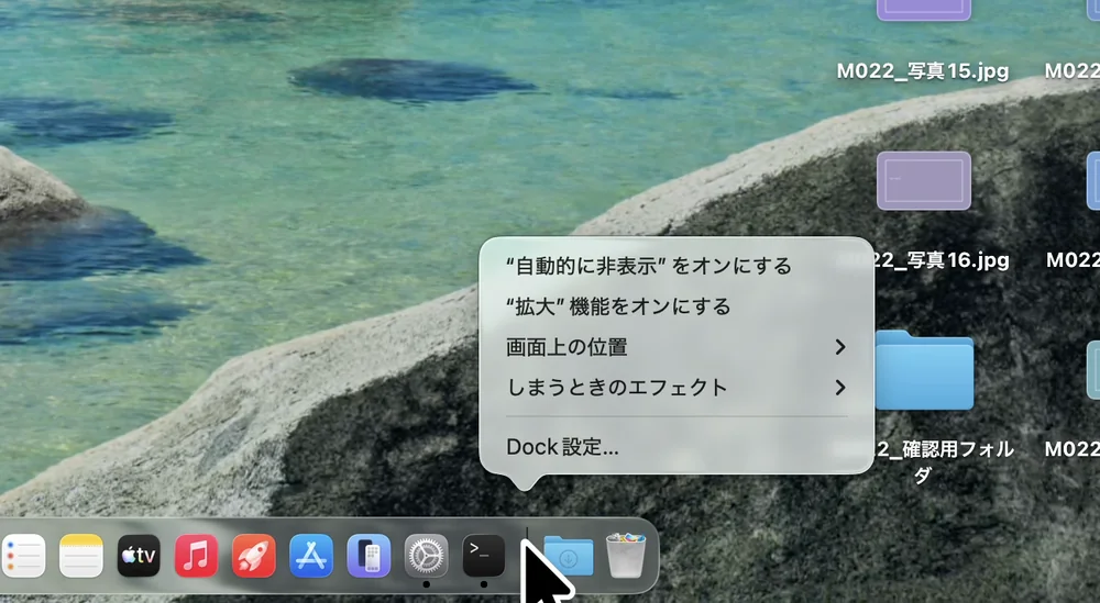 Dockの区切り線を右クリックしたメニュー。“自動的に非表示”をオンにする、“拡大”機能をオンにする、画面上の位置、しまうときのエフェクト、Dock設定…が並んでいる