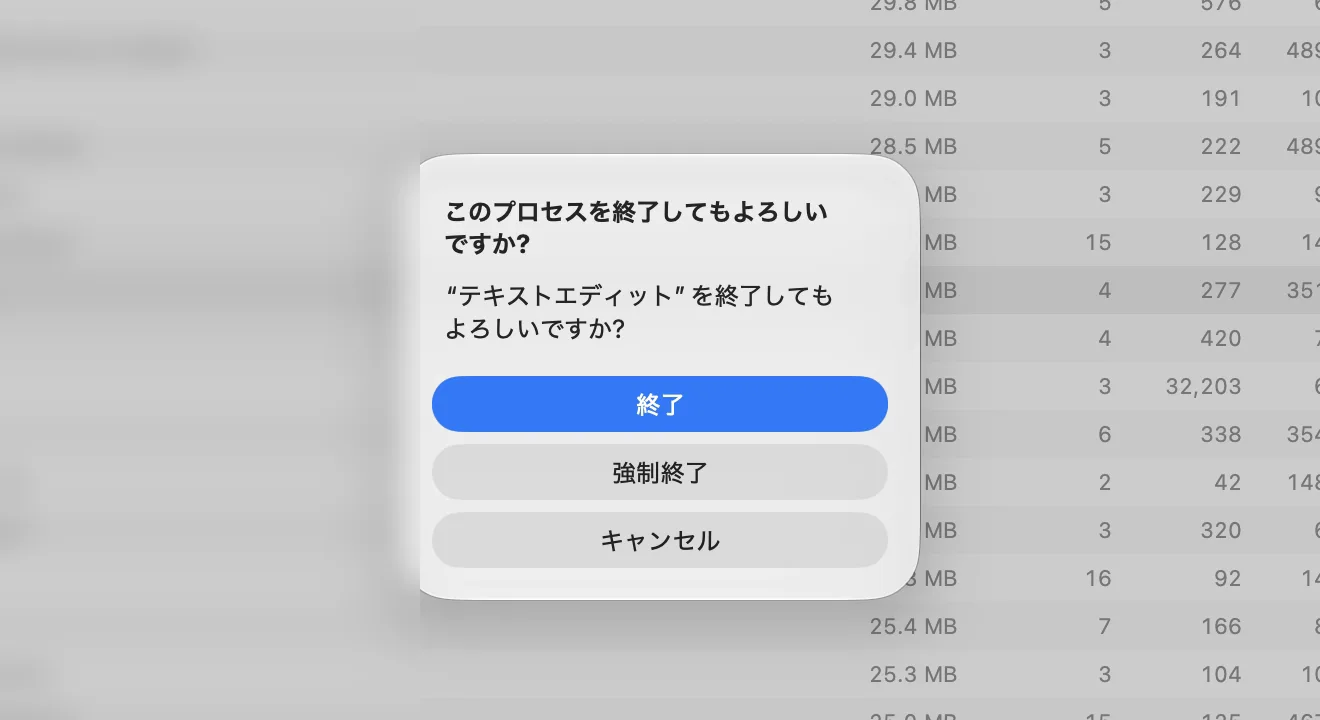 アクティビティモニタで「テキストエディット」を選んで×（停止）を押したときの確認。「このプロセスを終了してもよろしいですか?」「“テキストエディット”を終了してもよろしいですか?」の文と、「終了」「強制終了」「キャンセル」のボタン