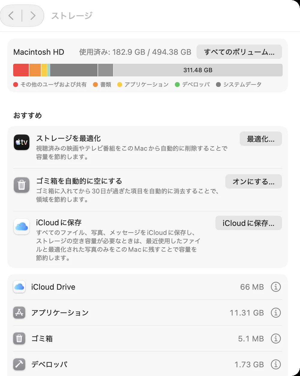 「システム設定」の「ストレージ」の画面。いちばん上に「Macintosh HD」の使用済みの量と全体の量、色分けした横長の棒グラフがあり、色の見本に「その他のユーザおよび共有」「書類」「アプリケーション」「デベロッパ」「システムデータ」と書いてある。その下の「おすすめ」に「ストレージを最適化」「ゴミ箱を自動的に空にする」「iCloudに保存」が並び、さらに下に「iCloud Drive」「アプリケーション」「ゴミ箱」「デベロッパ」の項目が、大きさと丸い「i」のボタンつきで並んでいる