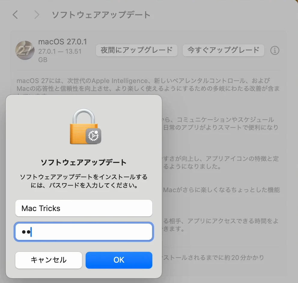 「ソフトウェアアップデート」の窓に重なって出た、パスワードを入れる小さな窓。「ソフトウェアアップデートをインストールするには、パスワードを入力してください。」と書いてあり、名前とパスワードの欄、「キャンセル」と「OK」のボタンがある