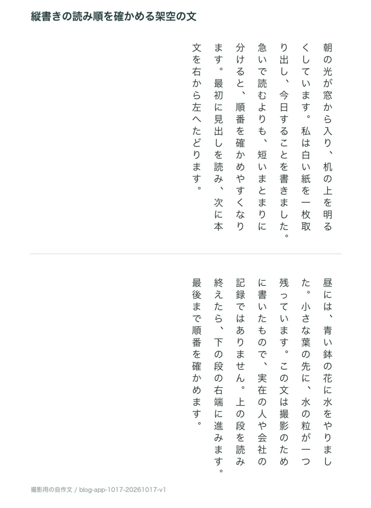 上下2段に組んだ縦書きのページ。上に「縦書きの読み順を確かめる架空の文」という横書きの題があり、上の段は「朝の光が窓から入り、机の上を明るくしています。」から始まる6行、灰色の線をはさんで下の段は「昼には、青い鉢の花に水をやりました。」から始まる6行。どちらも右の行から左の行へ読む