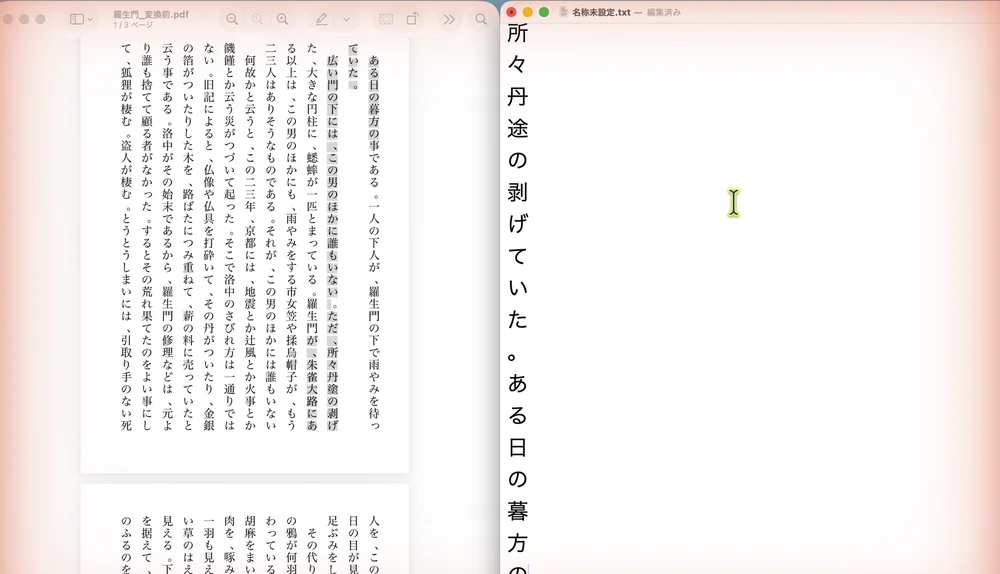 左に「プレビュー」で開いた縦書きのPDF「羅生門_変換前.pdf」、右に「テキストエディット」。PDFで選んでコピーした文を貼ると、「所」「々」「丹」のように、1行に1文字ずつ縦に並んでいる