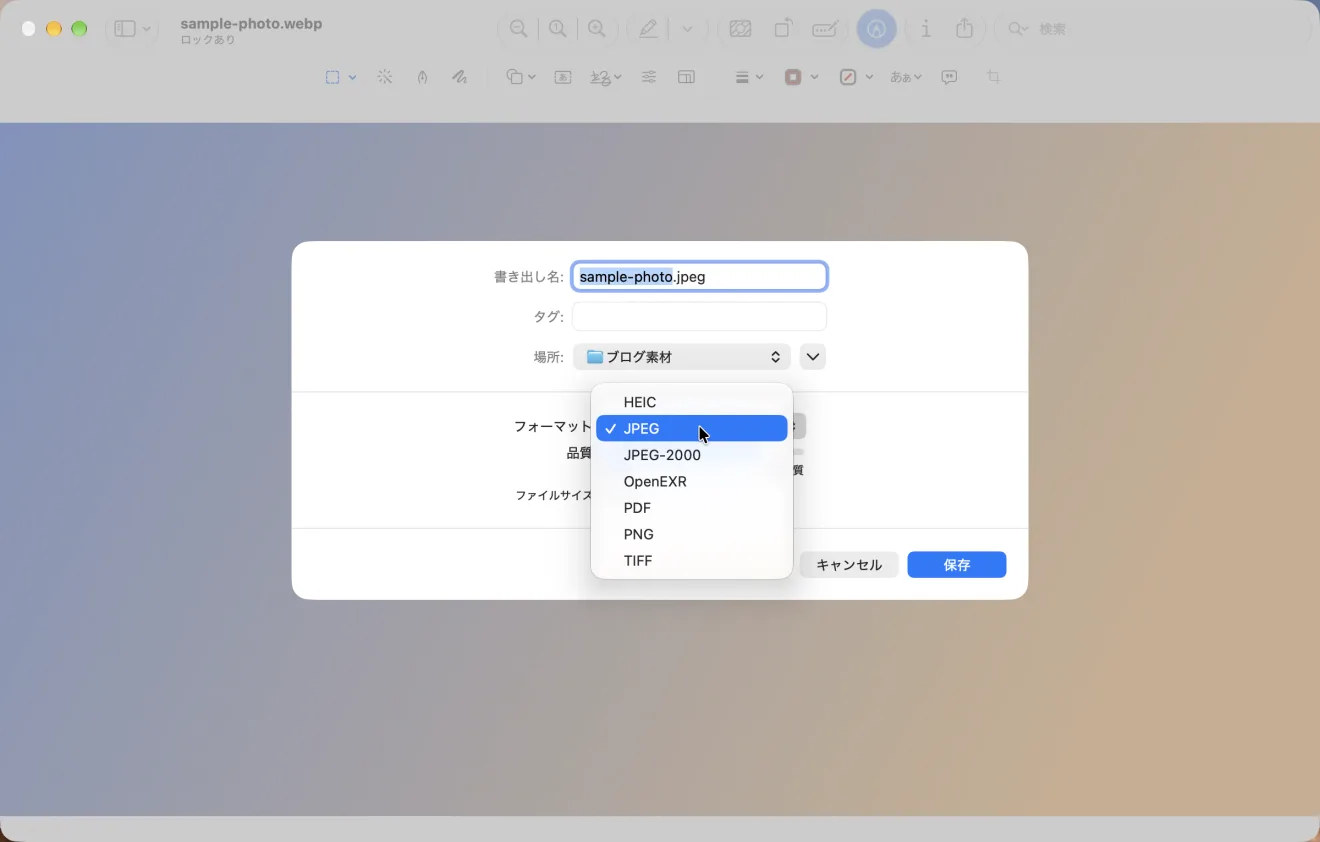 「プレビュー」で「sample-photo.webp」を開き、「書き出す」のシートを出した画面。「書き出し名」に「sample-photo.jpeg」、「場所」に「ブログ素材」。「フォーマット」のメニューが開いて、HEIC・JPEG・JPEG-2000・OpenEXR・PDF・PNG・TIFFが並び、JPEGにチェックが付いている。下に「品質」と「ファイルサイズ」