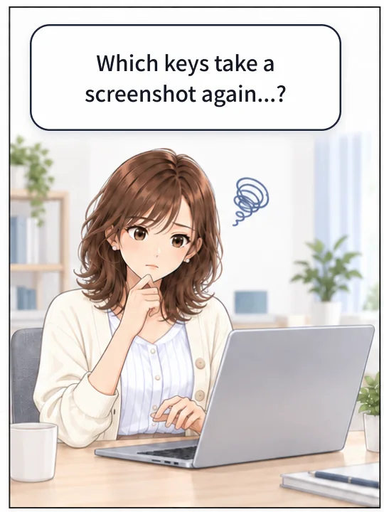 Misaki sits at her Mac, trying to remember which keys take a screenshot.
