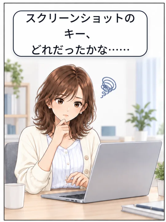 美咲がMacの前で、スクリーンショットのキーを思い出せず困っている