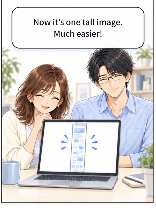 The long page is now one tall image, and Misaki and Naoki look it over.