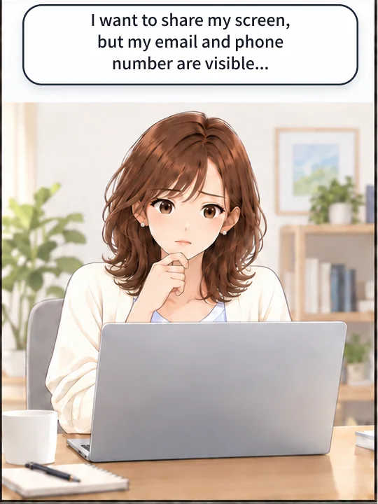 Misaki wants to share her screen, but her email address and phone number are visible.