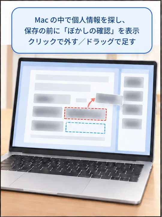 ぼかしの確認画面で、ぼかす場所を追加したり外したりできる