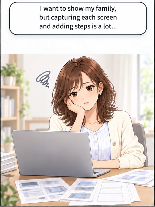 Misaki wants to show her family how to do something, but capturing each screen and adding steps by hand is a lot of work.