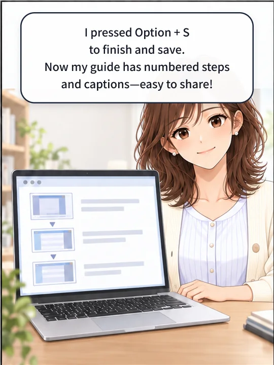 Misaki has pressed Option + S to finish, and the finished guide has numbered steps and captions.