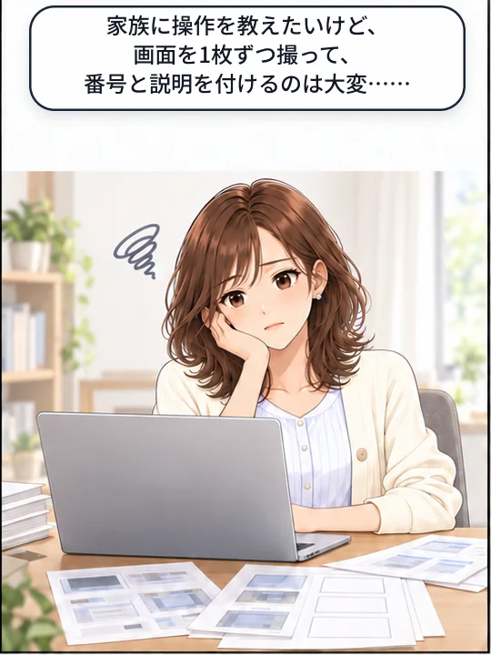 美咲が、画面写真に番号と説明を付ける作業に困っている