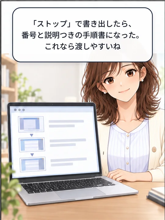 番号と説明が付いた手順書ができ、美咲が確認している