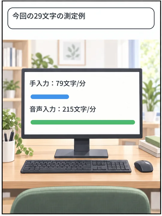 今回の29文字の測定例。手入力79文字/分、音声入力215文字/分をディスプレイで比べている