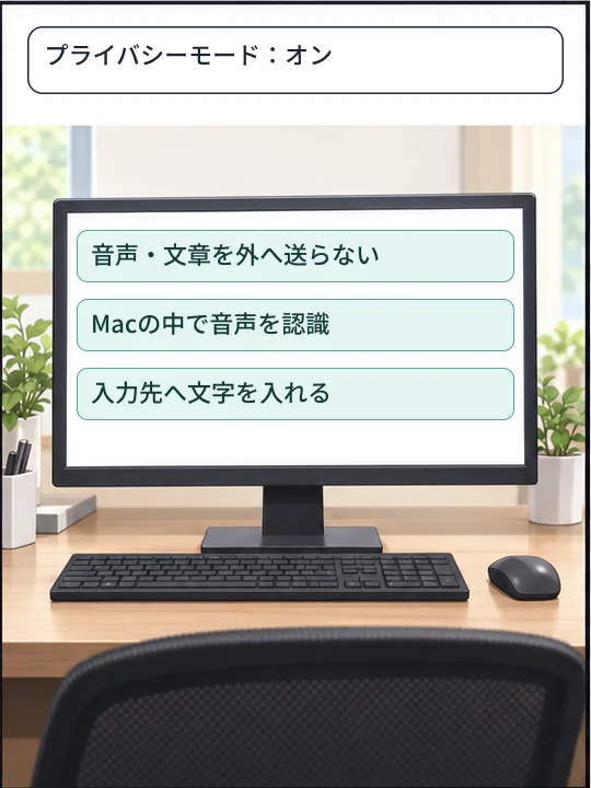 ディスプレイの前面に、音声と文章を外へ送らずMac内で認識して入力する流れが表示されている
