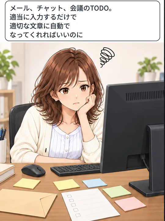 美咲がメール、チャット、会議のTODOを入力後に書き直す手間を減らしたいと考えている