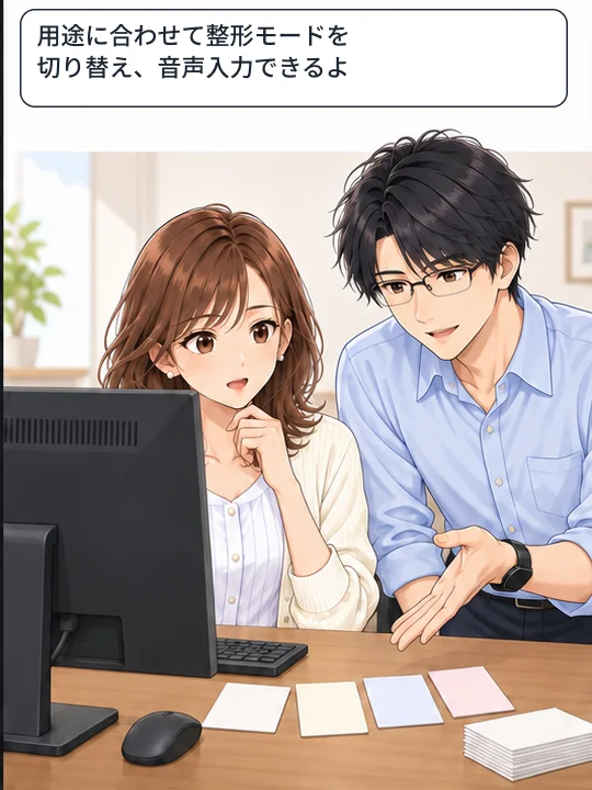 直樹が用途に合わせて整形モードを切り替えて音声入力できると説明する