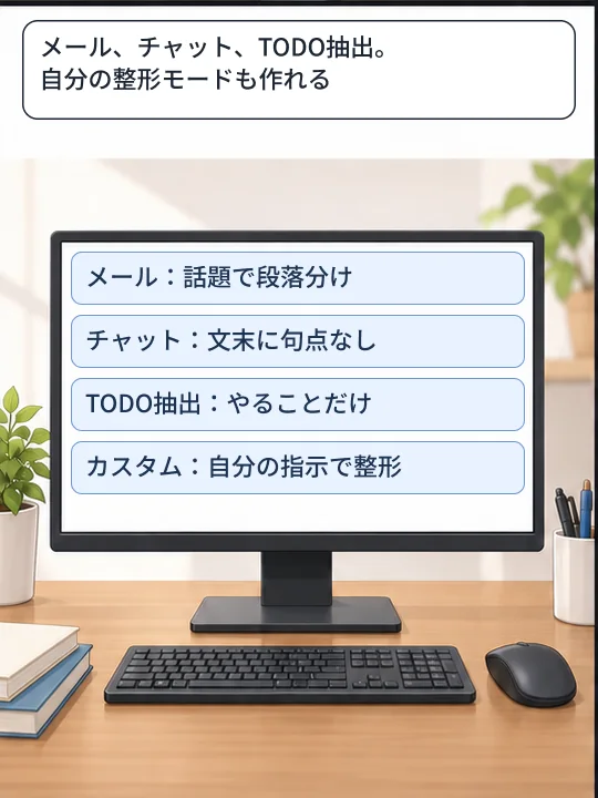 ディスプレイの前面に、メール、チャット、TODO抽出、カスタム整形モードの例が表示されている