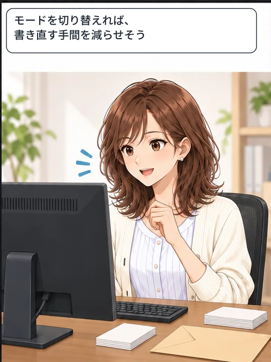 美咲が整形モードの切り替えで書き直す手間を減らせそうだと感じている
