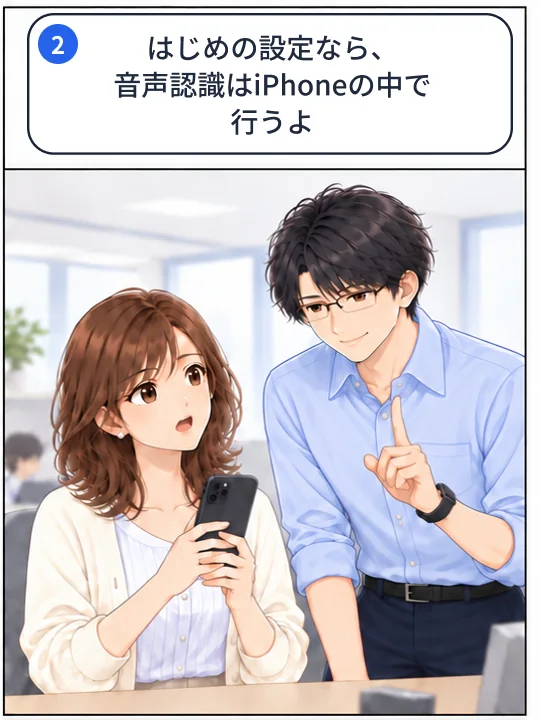 2コマ目。はじめの設定なら音声認識をiPhoneの中で行うと説明している