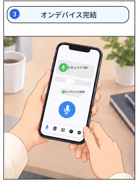 3コマ目。KoeTypeの画面にオンデバイス完結と表示されている