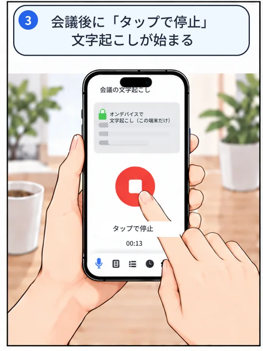 3コマ目。録音を停止したあと、KoeTypeが会議の文字起こしを始めている