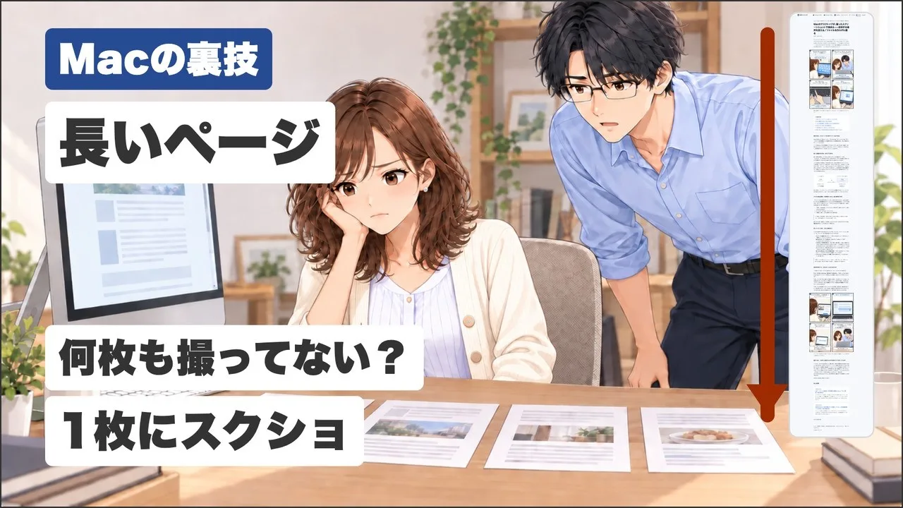 動画の表紙。美咲がほおづえをついて机の上の何枚もの紙を見ていて、右に縦に長い1枚のページと下向きの矢印がある