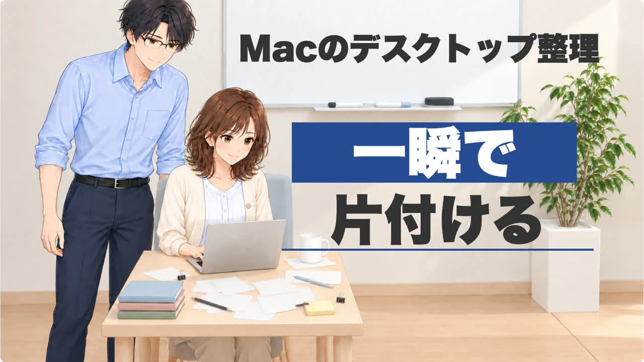 動画の表紙。「Macのデスクトップ整理」「一瞬で片付ける」の文字と、MacBookの前の直樹と美咲