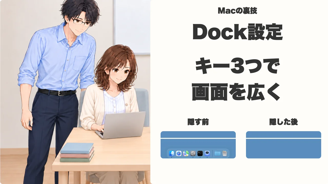 動画の表紙。「Dock設定」「キー3つで画面を広く」の文字と、Dockを隠す前と隠した後の画面、MacBookの前の直樹と美咲