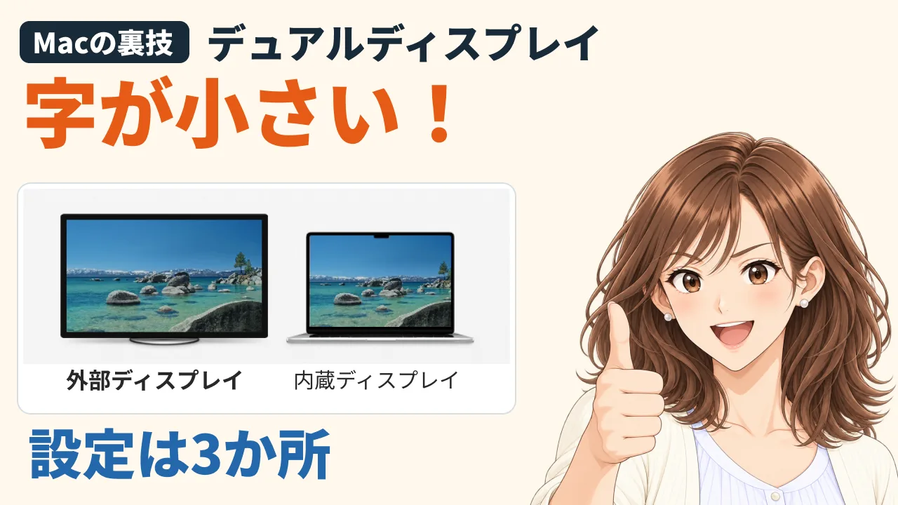 動画の表紙。「デュアルディスプレイ」「字が小さい！」「設定は3か所」の文字と、外部ディスプレイと内蔵ディスプレイの絵、親指を立てた美咲