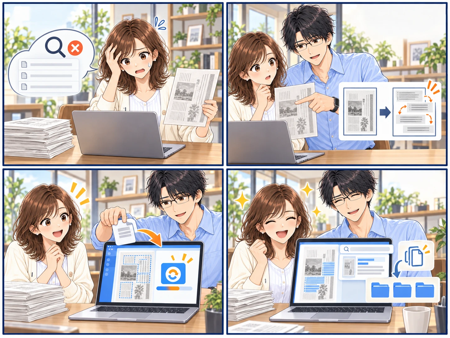 美咲がスキャンした資料を持ち、Macで検索しても見つからず困っている
