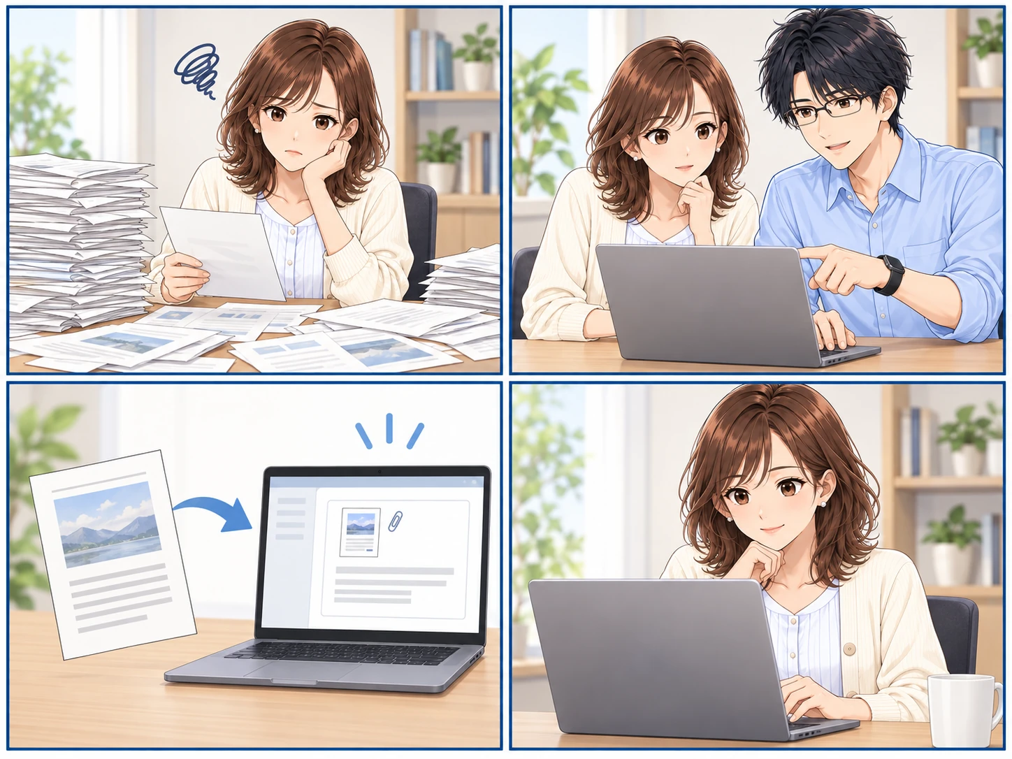 美咲が、紙のまま残した資料の山を前に困っている